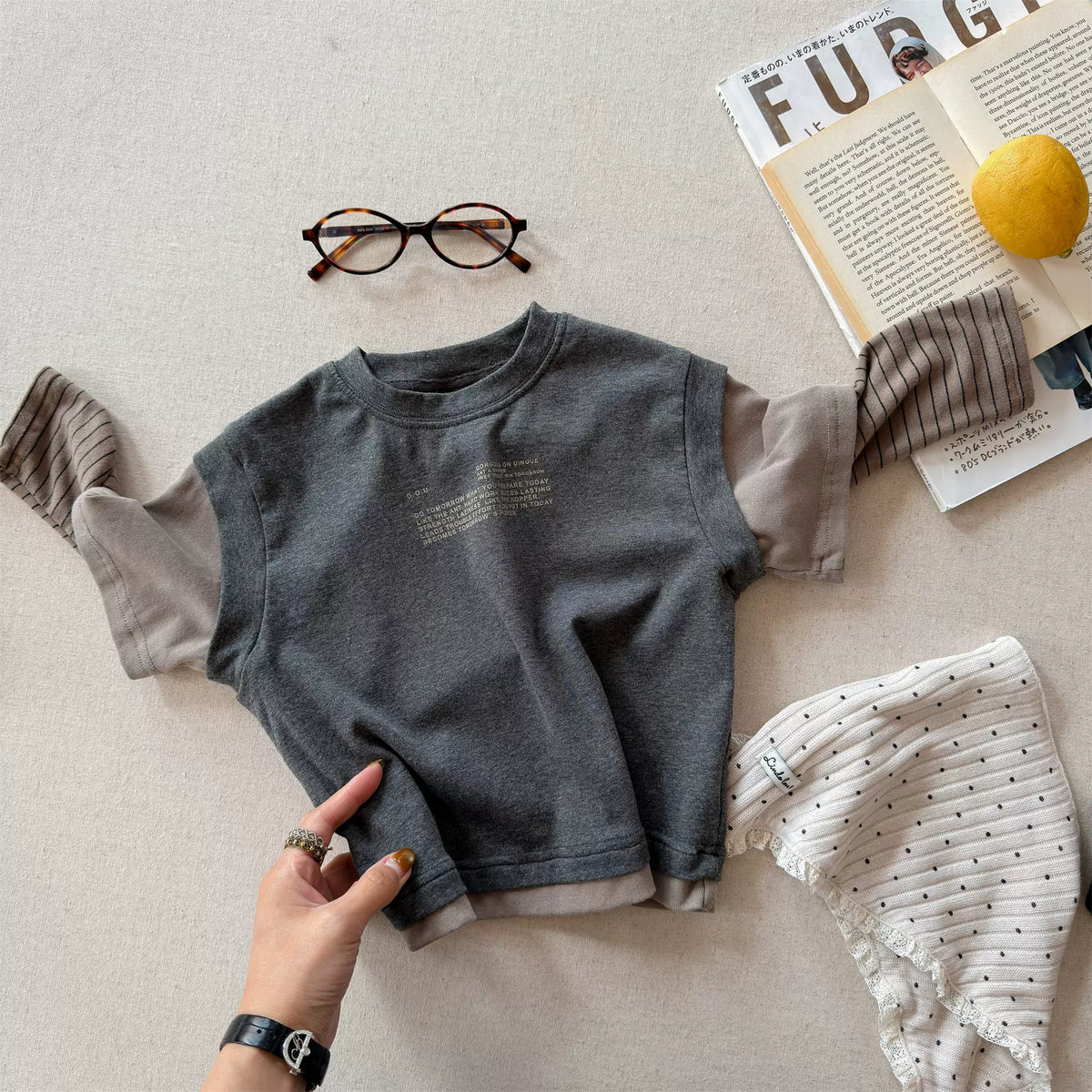 Girls Letter Print Faux Two-Piece Tee - Korean Contrast Layering
