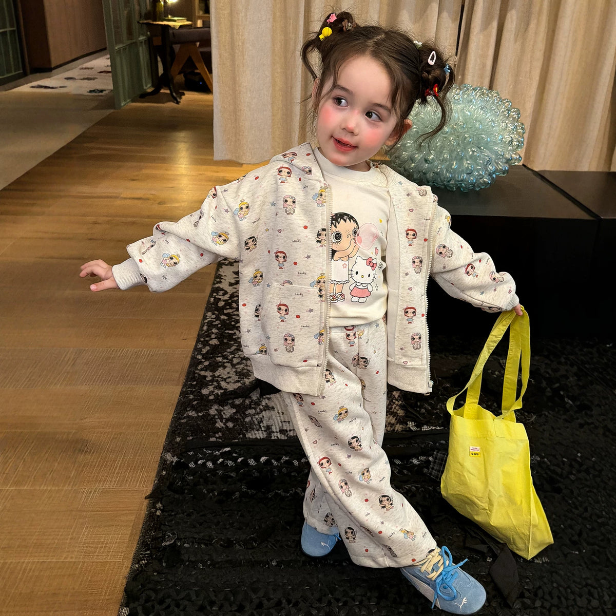 Girls Cartoon All-Over Print Hoodie & Pants Set - Autumn Two-Piece with Bonus Tee