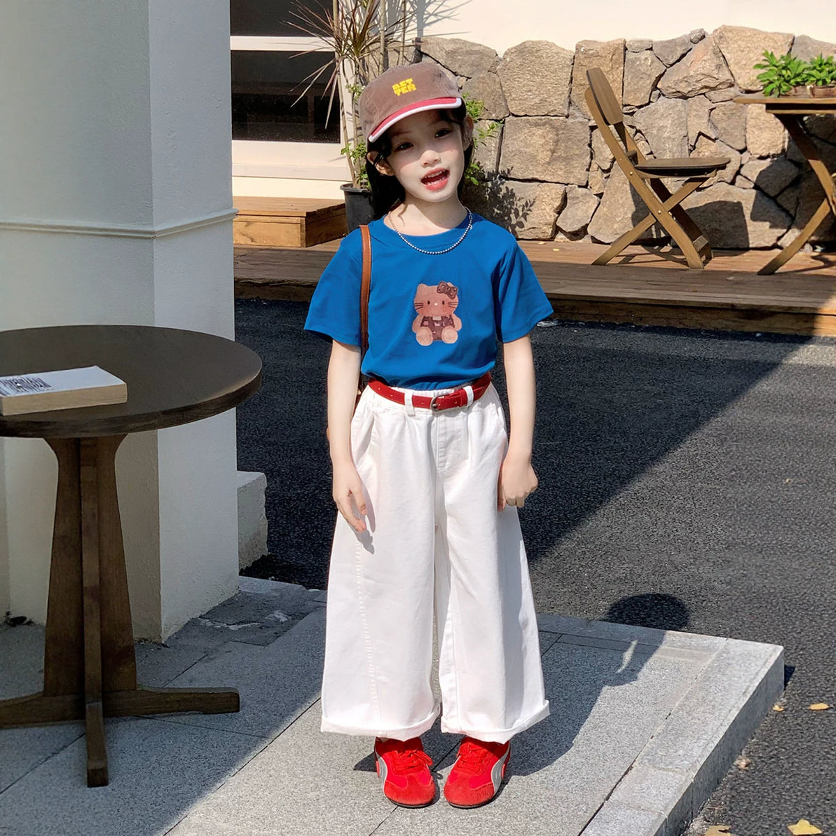 Girls Cartoon Tee & Wide-Leg Pants Set - Summer with Belt