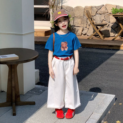 Girls Cartoon Tee & Wide-Leg Pants Set - Summer with Belt