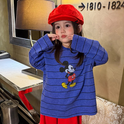 Girls Cartoon Striped Tee & Pants Set - Relaxed Korean Autumn Two-Piece