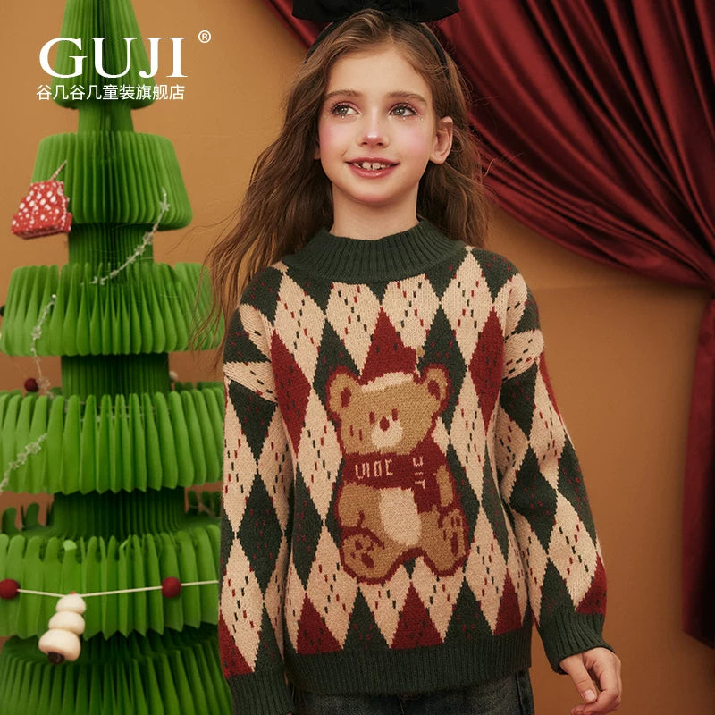Girls Christmas Knit Cardigan - Festive Red Green Sweater Coat