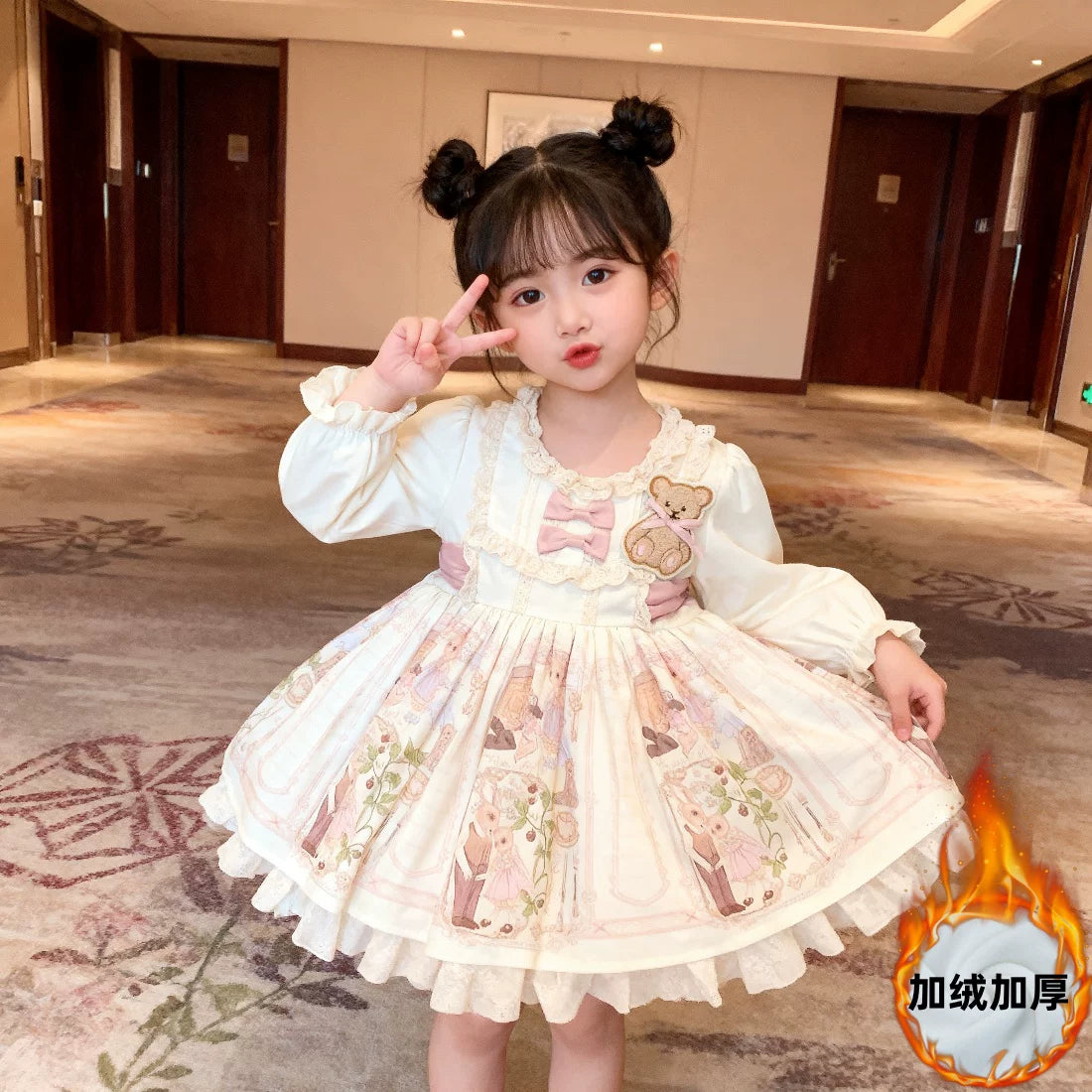 Girls Apricot Fleece-Lined Lolita Dress - Sweet Birthday Princess Gown with Leggings Options