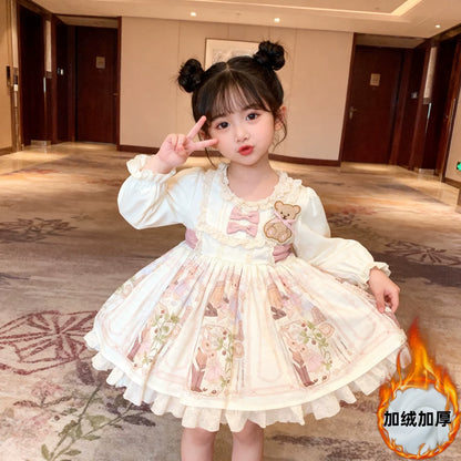 Girls Apricot Fleece-Lined Lolita Dress - Sweet Birthday Princess Gown with Leggings Options