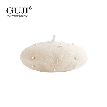 Girls Beret Hat - Wool / Pearl / Knit Artist Cap, 2 Sizes