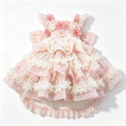 Girls Flower-Fairy Long-Sleeve Lolita Dress - Birthday Puffy Gown with Base Top & Train Options