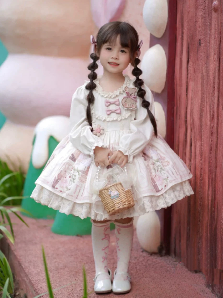 Girls Teddy-Bear Lolita Dress - Fleece-Lined Cosy Birthday Princess Gown