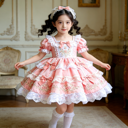 Girls Lace-Embroidered Lolita Dress - Premium Puffy Birthday Princess Gown