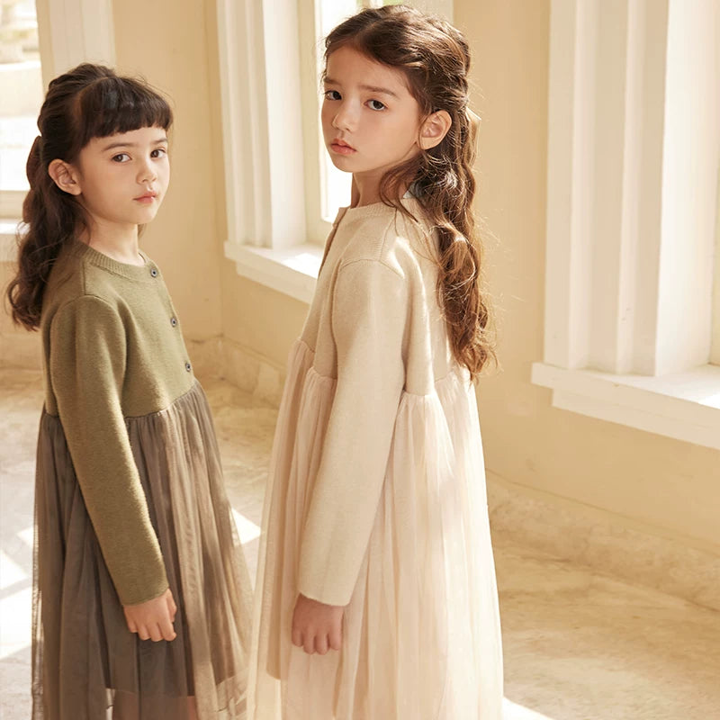 Girls Princess Tulle Sweater Dress - Midi Knit Gown with Mesh Skirt