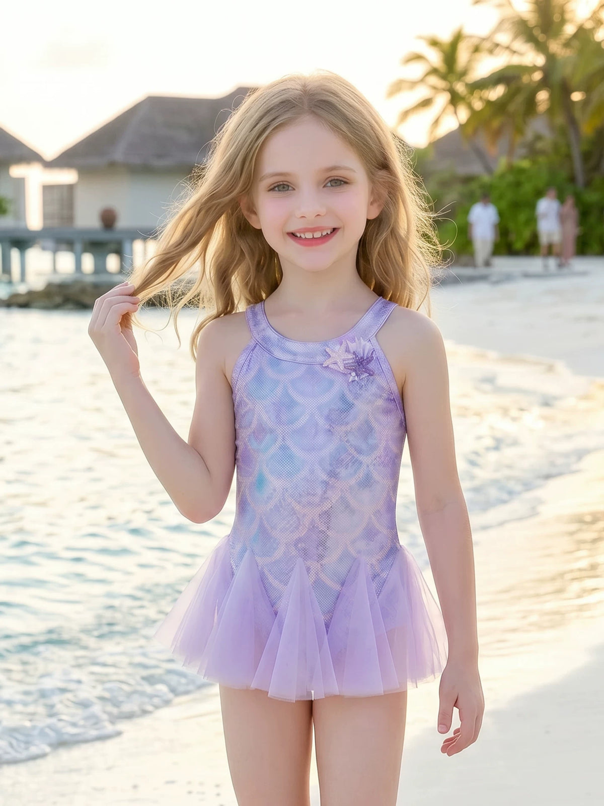 Girls Mermaid Swimsuit - Gradient Princess Swim Dress with Cap