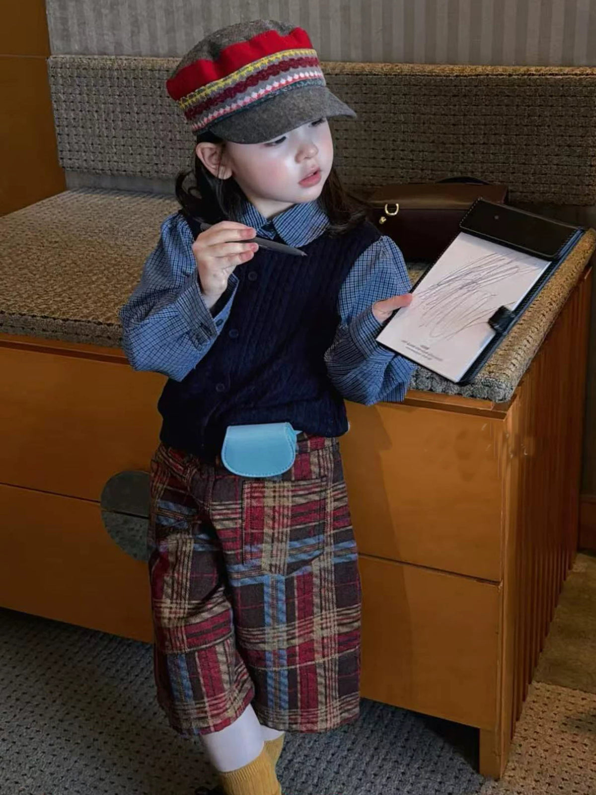 Girls Plaid Layer-Look Shirt & Capri Pants Set - Korean Autumn