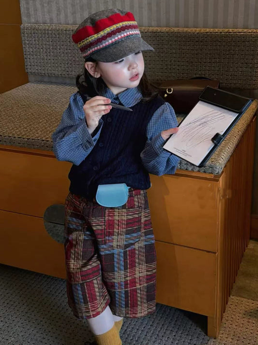 Girls Plaid Layer-Look Shirt & Capri Pants Set - Korean Autumn