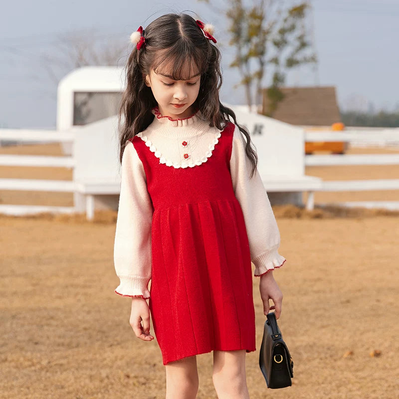 Girls Preppy Princess Sweater Dress - Embroidered Knit Midi, Fleece Options
