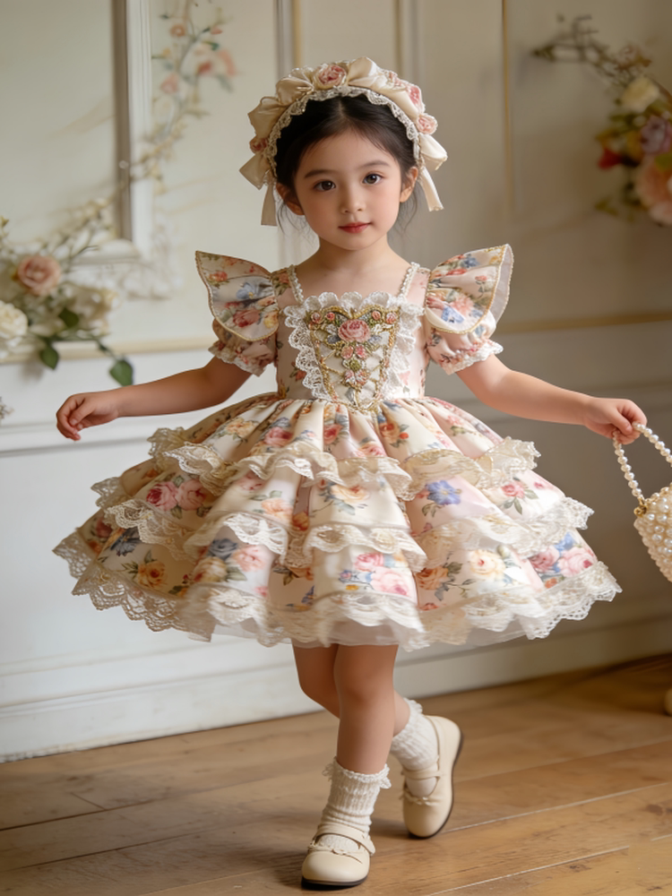 Girls Floral Lolita Birthday Dress - Puffy Cake Princess Gown with Hair Accessory Option