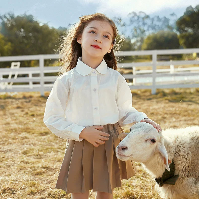 Girls White Cotton Stand-Collar Shirt - Classic School Base Layer