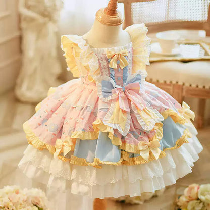 Girls Short-Sleeve Lolita Cake Dress - Pink Birthday Puff Gown