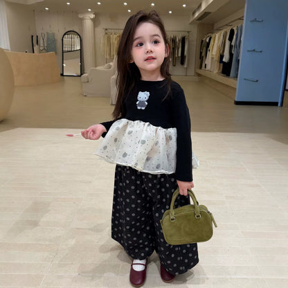 Girls Mesh-Panel Kitty Top & Polka Dot Pants Set - Sweet Autumn Two-Piece