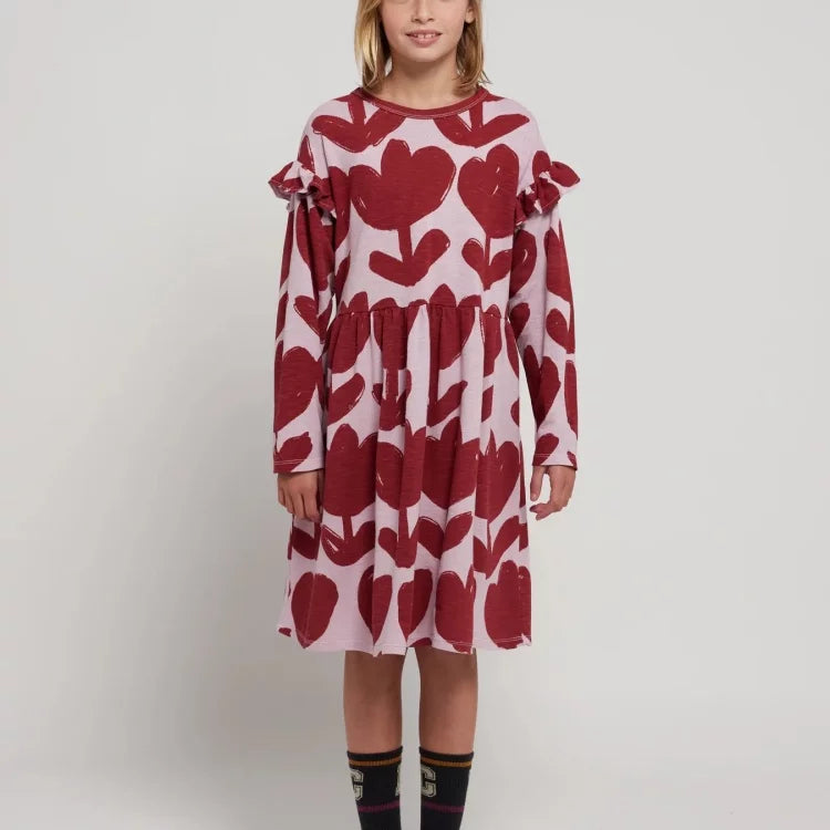 Girls Nordic Linen Dress - Floral Ruffle Long-Sleeve