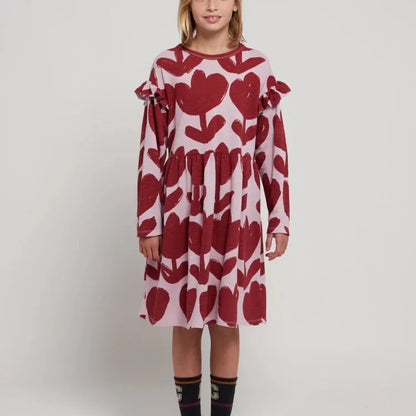 Girls Nordic Linen Dress - Floral Ruffle Long-Sleeve