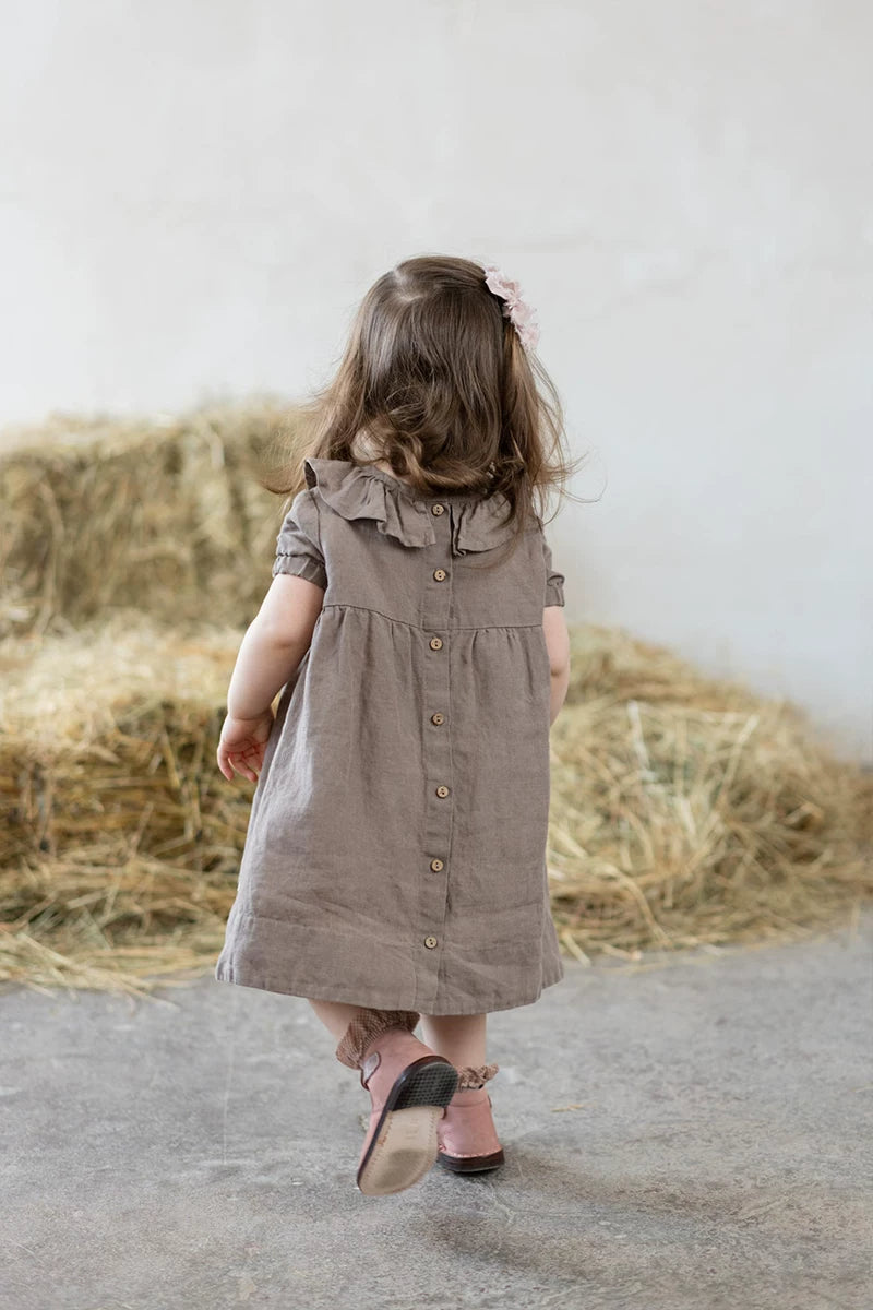 Girls Nordic Linen Dress with Ruffle Collar - Alice Embroidery Short Sleeve