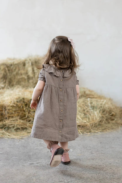 Girls Nordic Linen Dress with Ruffle Collar - Alice Embroidery Short Sleeve