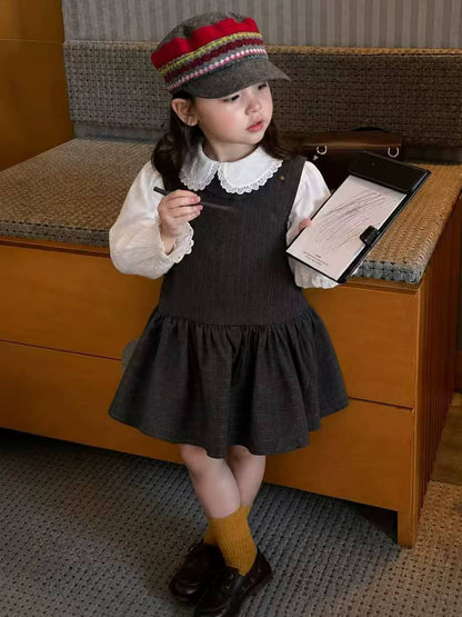 Girls Pinafore Dress & Ruffle Blouse Set - Preppy Autumn