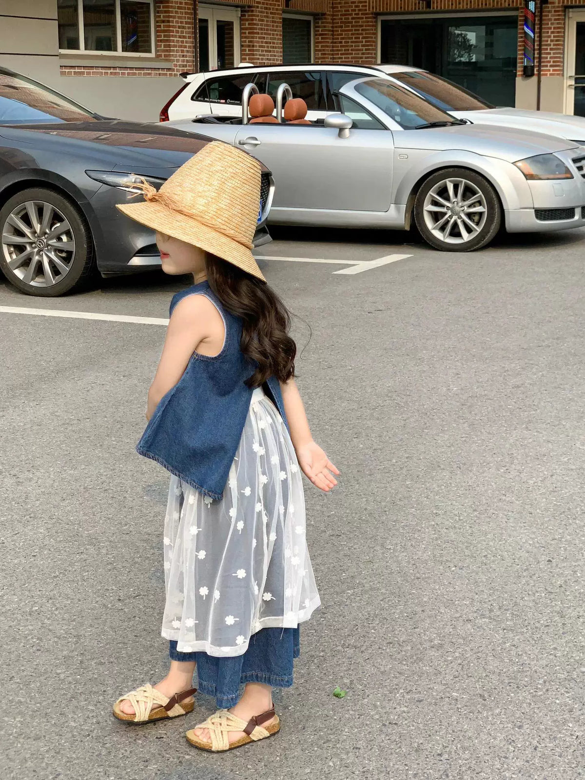 Girls Denim Vest & Wide-Leg Pants Set with Mesh Skirt - Summer Layering