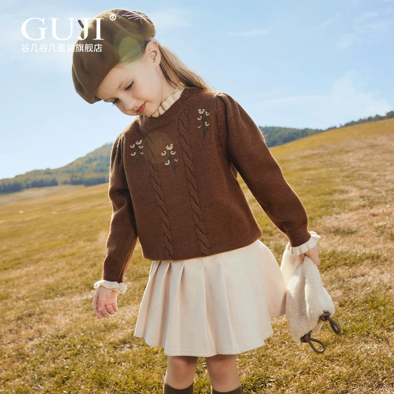Girls Hand-Knit Crew-Neck Sweater - Embroidered Lace-Trim Pullover