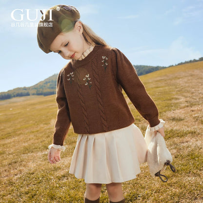 Girls Hand-Knit Crew-Neck Sweater - Embroidered Lace-Trim Pullover
