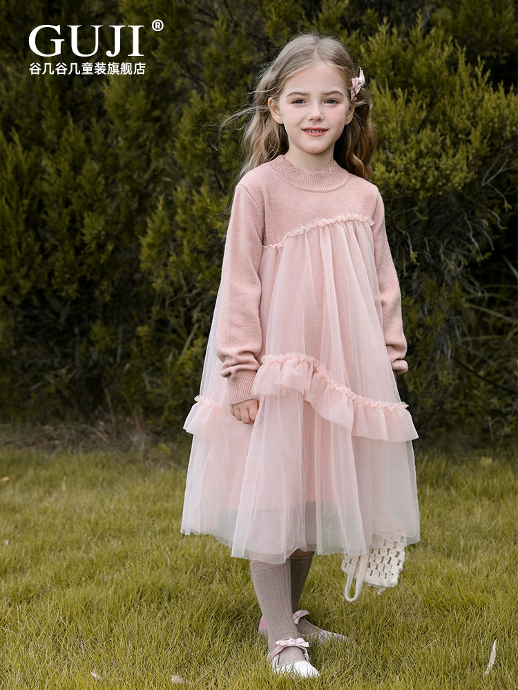 Girls Mesh-Overlay Knit Dress - Soft Tulle Princess Dress