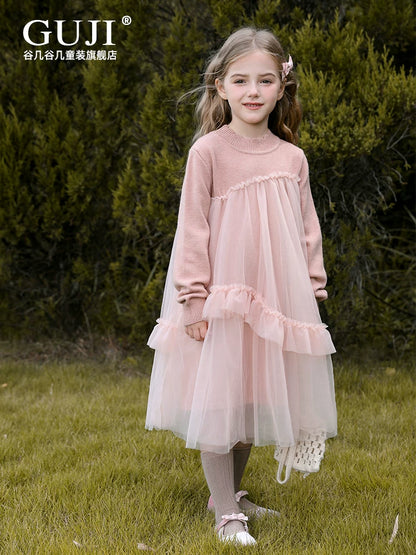 Girls Mesh-Overlay Knit Dress - Soft Tulle Princess Dress