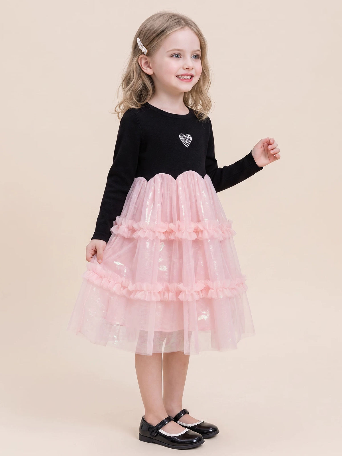Girls Black Mesh-Panel Long-Sleeve Dress - Tiered Princess Dress