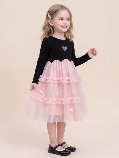 Girls Black Mesh-Panel Long-Sleeve Dress - Tiered Princess Dress