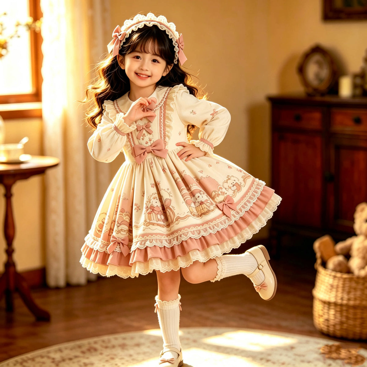 Girls Floral Lolita Dress - Original-Design Apricot Puff Gown, Fleece Option