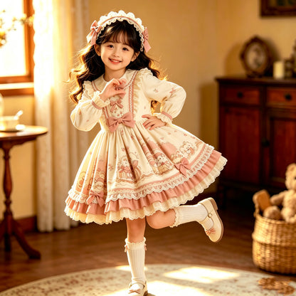 Girls Floral Lolita Dress - Original-Design Apricot Puff Gown, Fleece Option