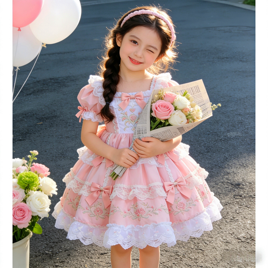 Girls Original-Design Lolita Gown - Pink Embroidered Birthday Princess Dress