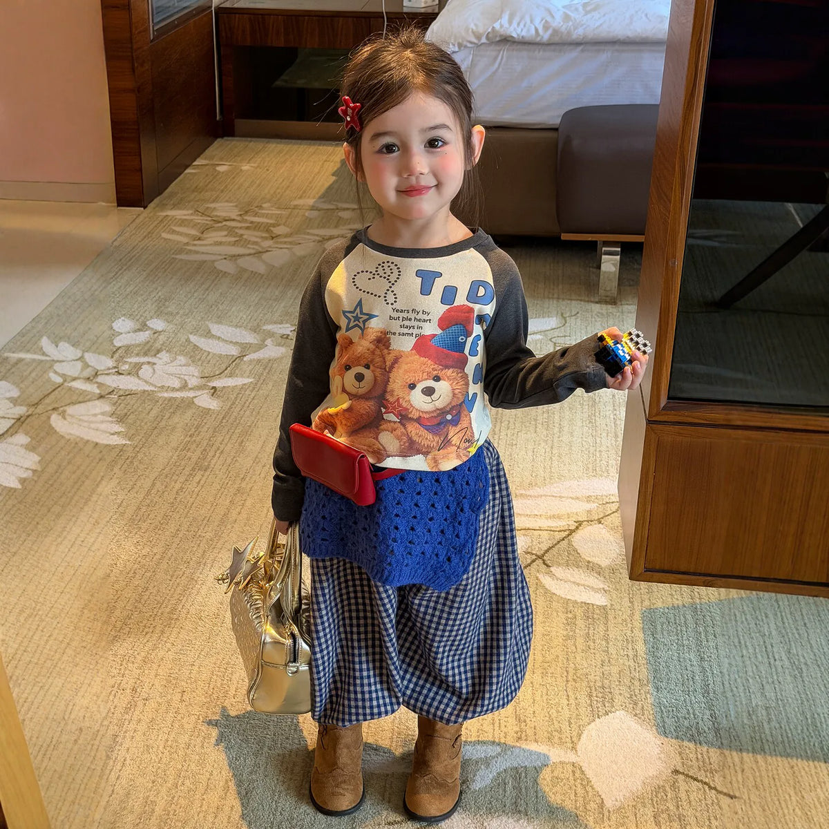 Girls Bear Print Tee & Plaid Pants Set - Autumn Two-Piece