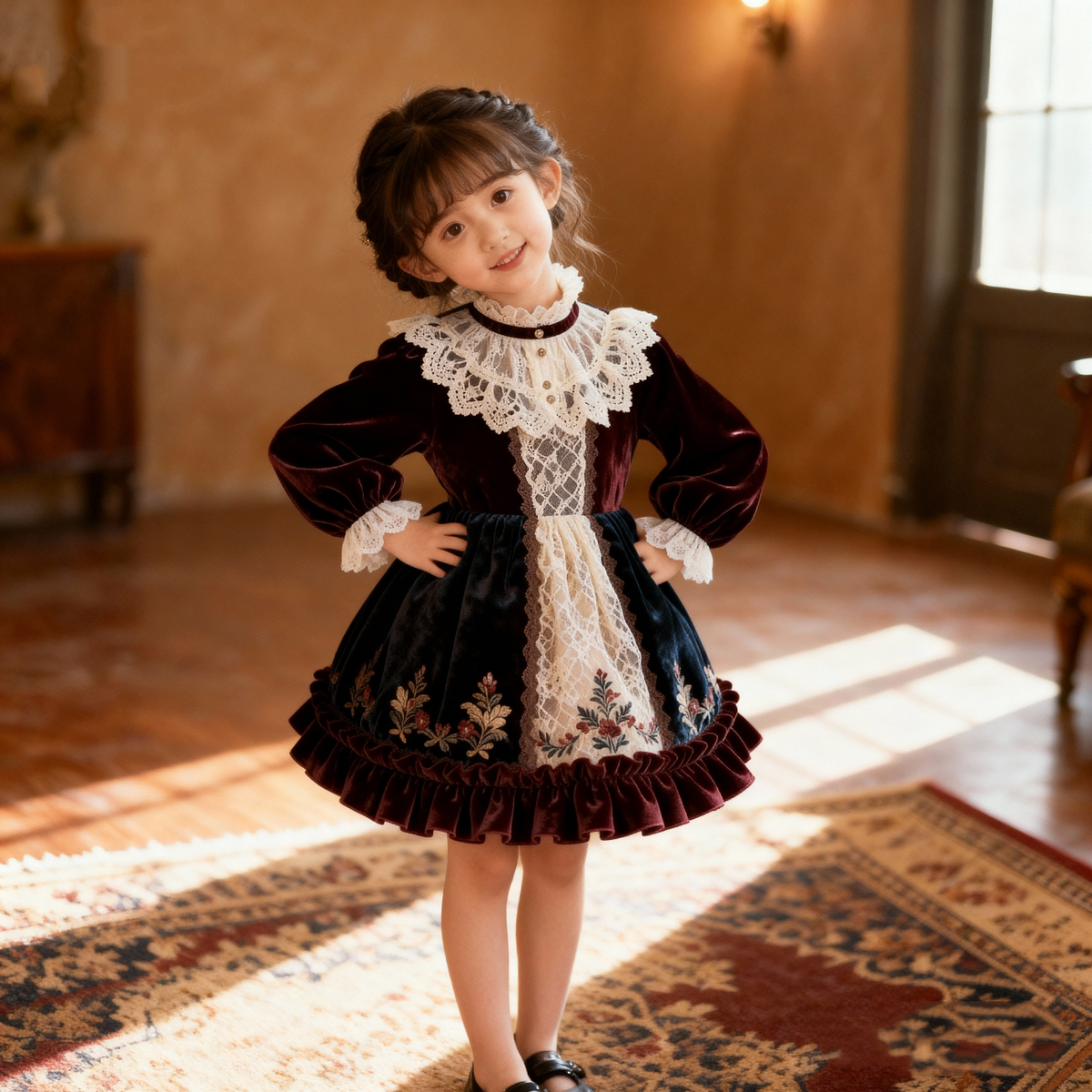Girls Court-Style Lolita Dress - Wine-Red Birthday Princess Gown, Unlined or Fleece-Lined