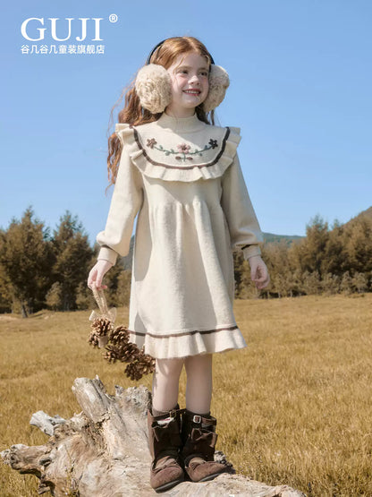 Girls Preppy Sweater Dress - Sweet Long-Sleeve Knit Midi