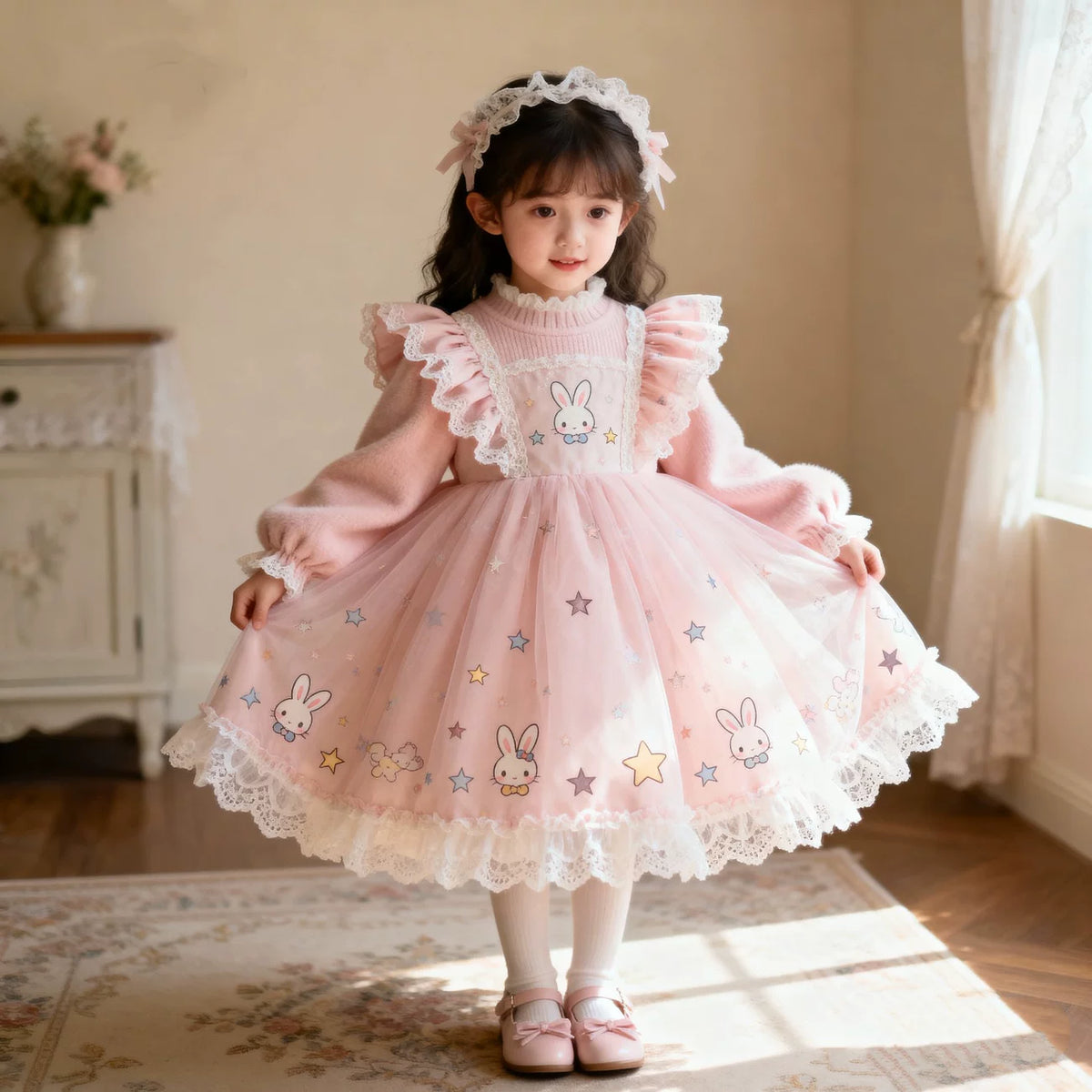 Girls Pink Bunny Fleece-Lined Lolita Dress - Puffy Birthday Princess Gown