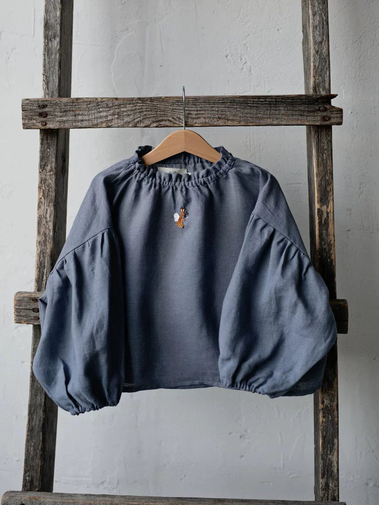 Girls Nordic Linen Shirt & Pants Set - Blue-Grey & Pink