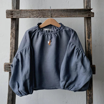 Girls Nordic Linen Shirt & Pants Set - Blue-Grey & Pink