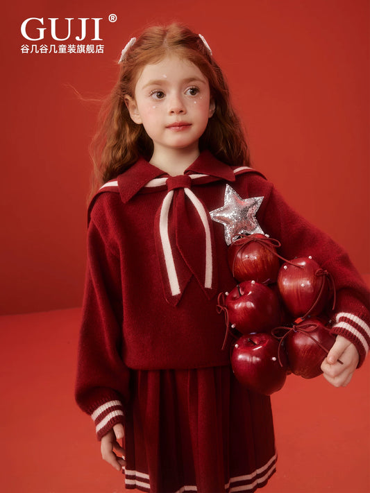 Girls Preppy Sweater & Skirt Set - Red Holiday Knit Two-Piece