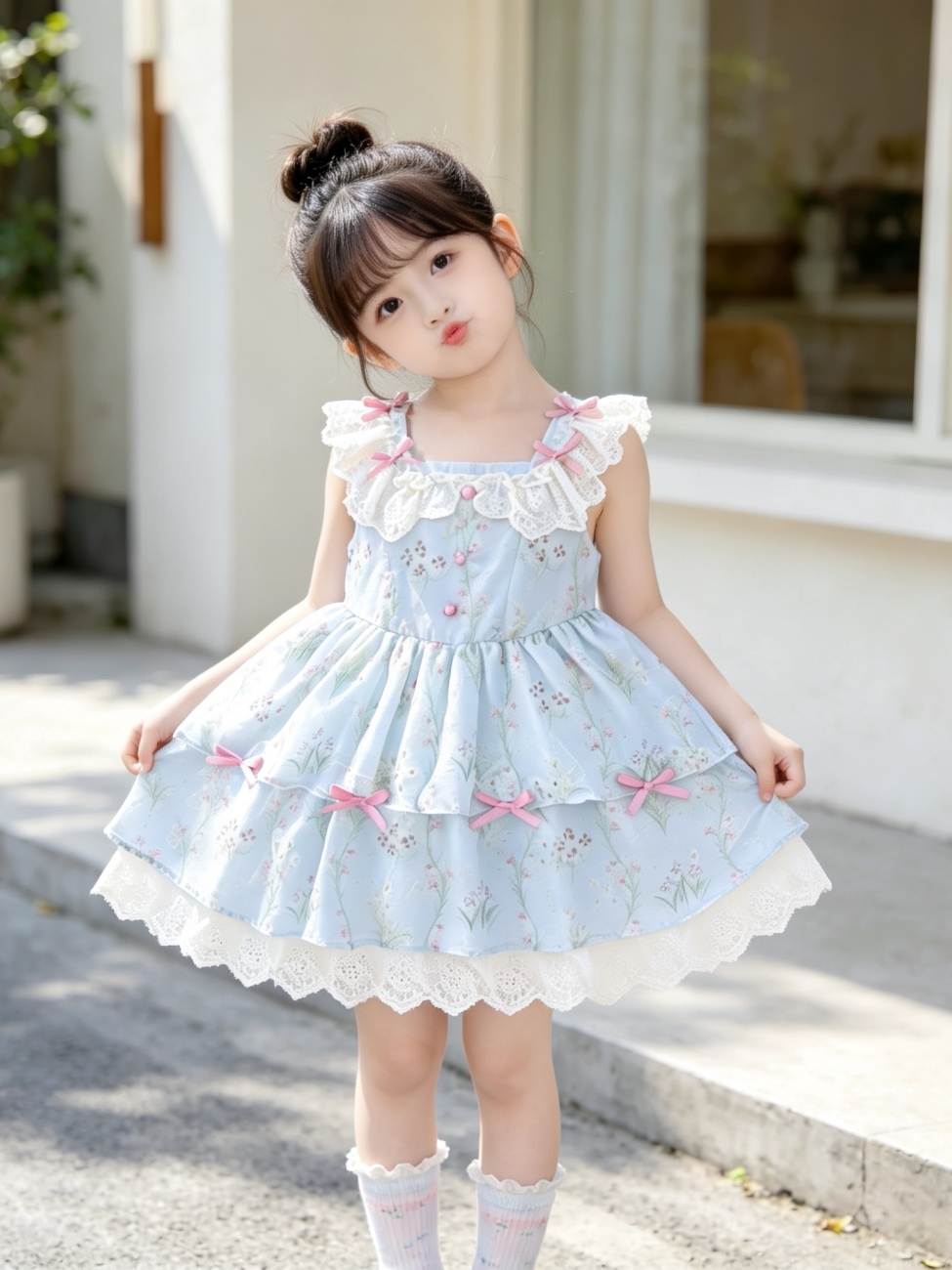 Girls Fresh-Style Lolita Sundress - Bow-Accent Puffy Princess Dress
