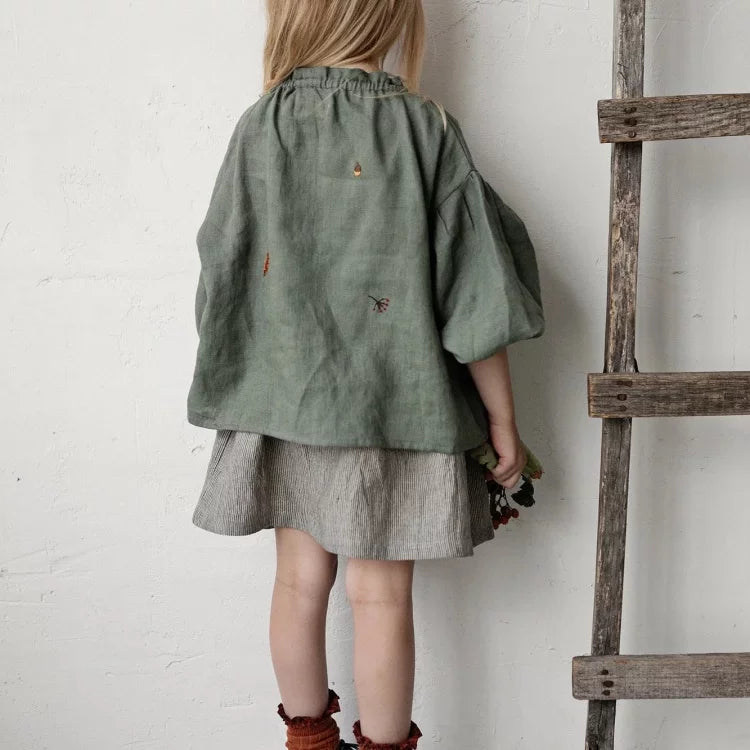 Girls Nordic Linen Shirt - Belgium Imported Long-Sleeve Top