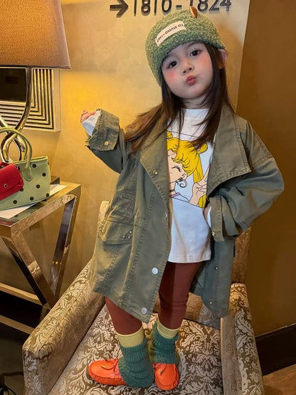 Girls Mid-Length Trench Coat, Top & Leggings Set - Korean Autumn Separates