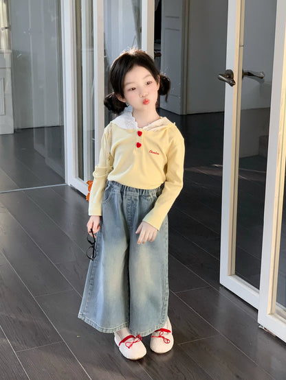 Girls Hooded Tee & Wide-Leg Denim Jeans Set - Casual Autumn Outfit
