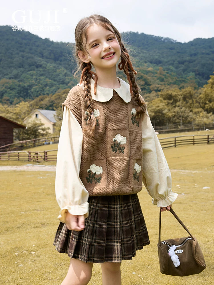 Girls Faux Two-Piece Collar Sweater - Vest & Shirt Knit Top