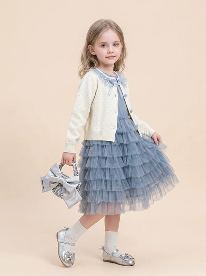 Girls Knit Cardigan & Tulle Skirt Set - Blue Korean Two-Piece