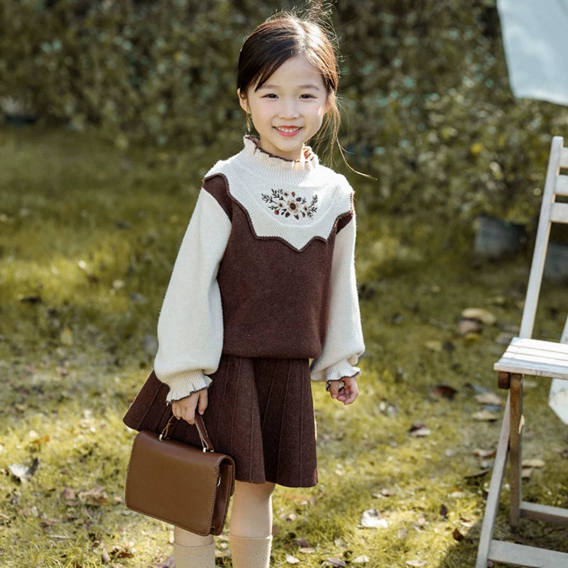 Girls Preppy Princess Sweater Dress - Embroidered Knit Midi, Fleece Options
